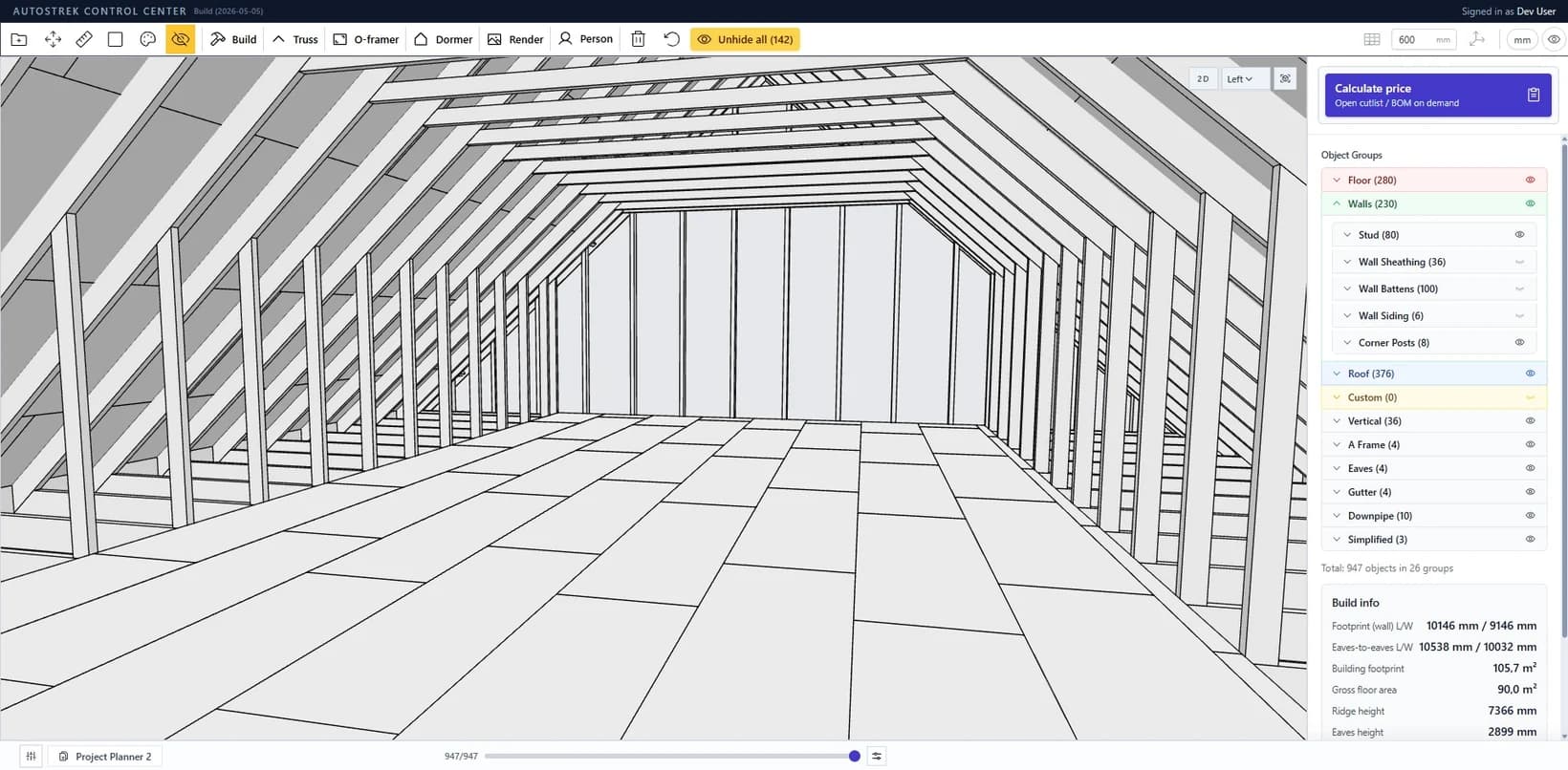 Autostrek attic floor sheathing laid between A-frame trusses with sheet seams visible.