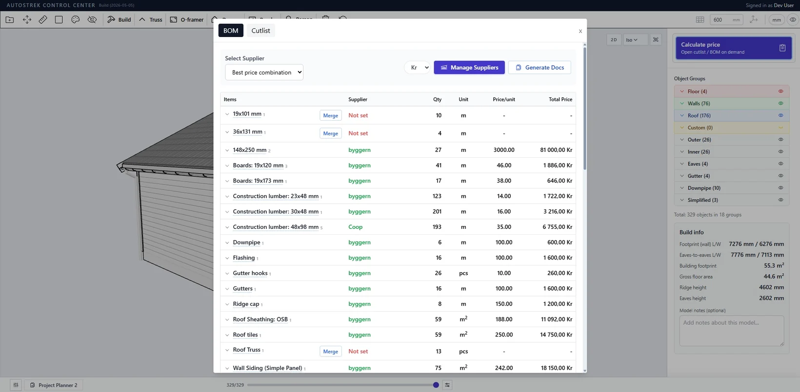 Autostrek bill of materials modal showing grouped building items, quantities, suppliers, unit prices, and total prices.