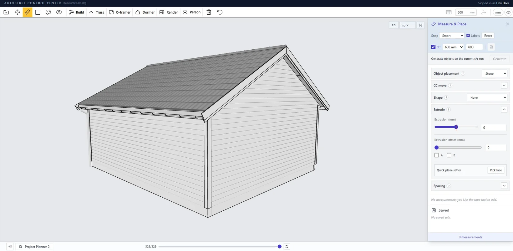 Autostrek interface showing a generated building model, main toolbar, and Measure and Place panel.