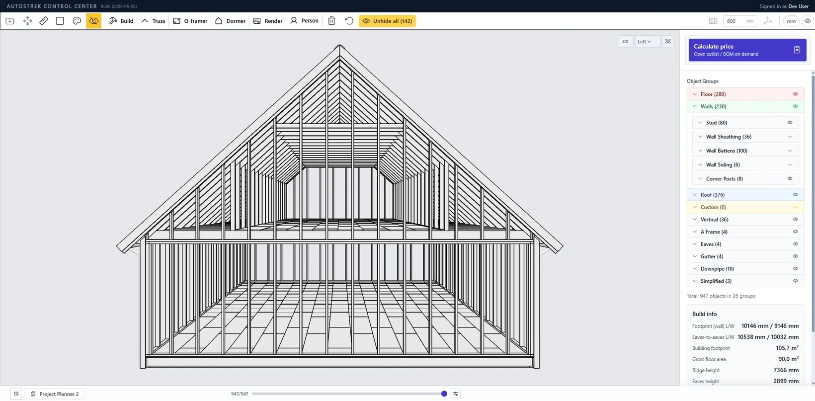 Autostrek generated building showing A-frame trusses, gable wall framing, and attic floor sheathing.