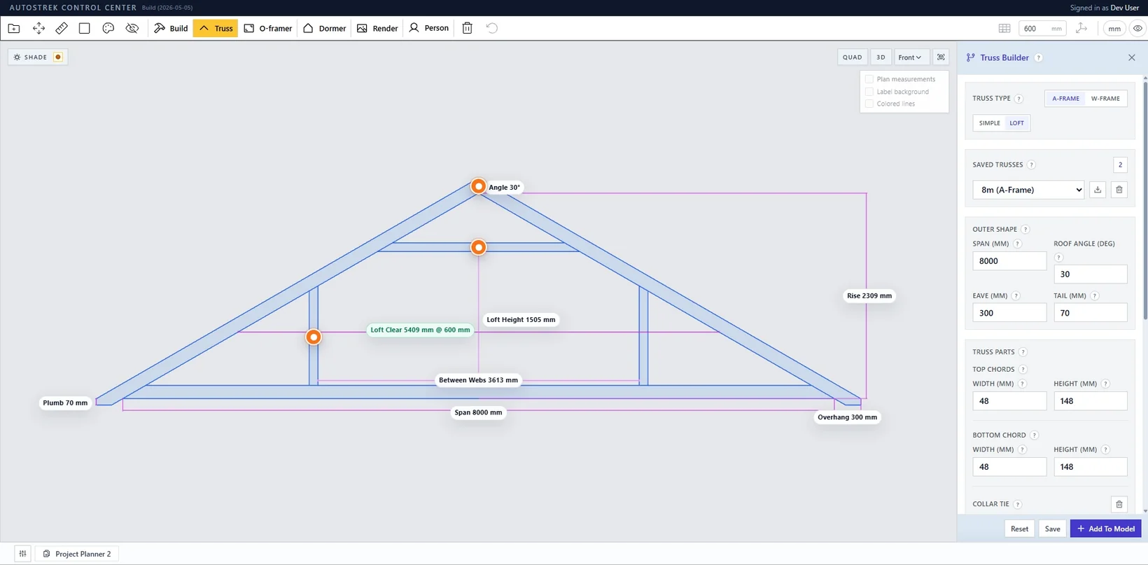 Autostrek truss builder showing an A-frame truss profile with editable dimensions and saved truss controls.
