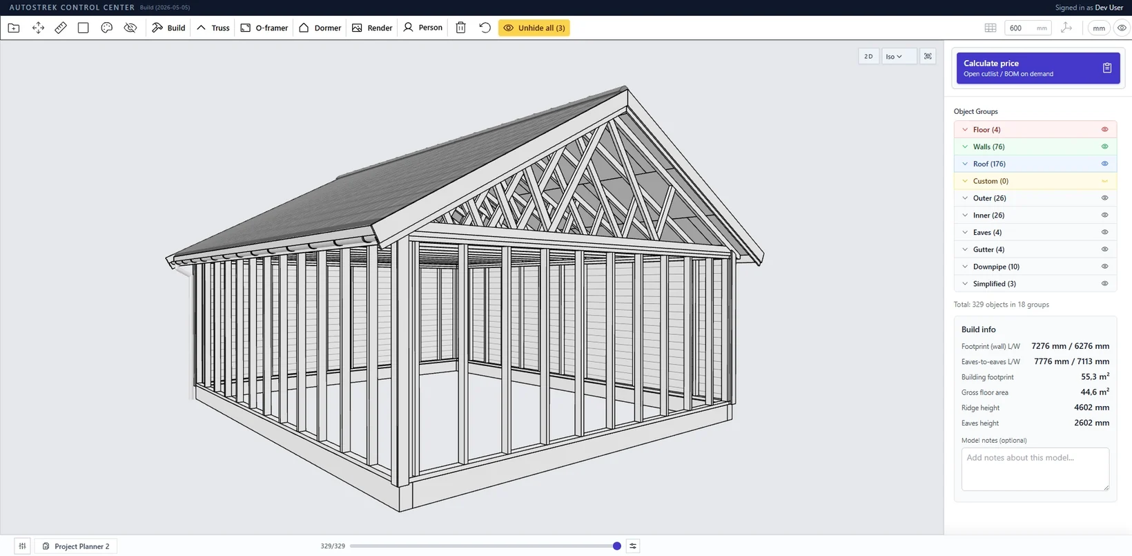 Autostrek viewport showing a generated framed building with exposed wall framing, roof trusses, and the object groups panel.