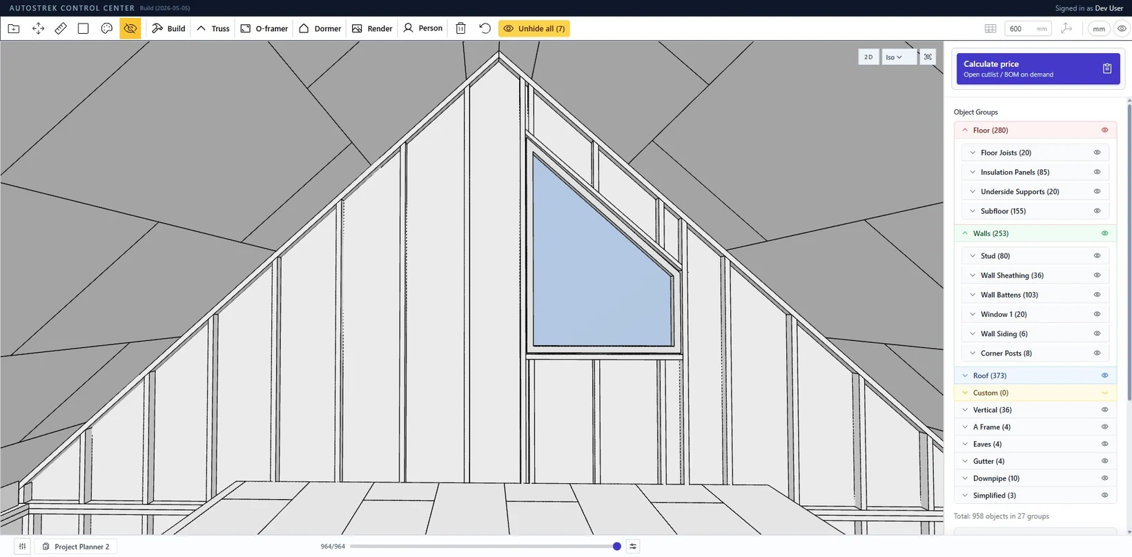 Autostrek close-up of a gable wall window with sloped studs and surrounding wall framing fitted below the roof line.