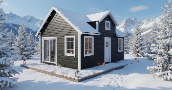 Rendered cabin exterior with warm interior lighting
