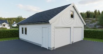 Rendered double garage with driveway and trees