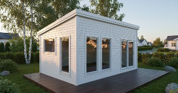 Rendered garden office with decking and greenery