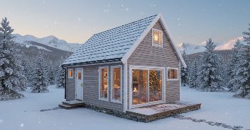 Rendered cabin with wood siding and large windows