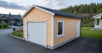 Single garage design with dark siding and wood trim