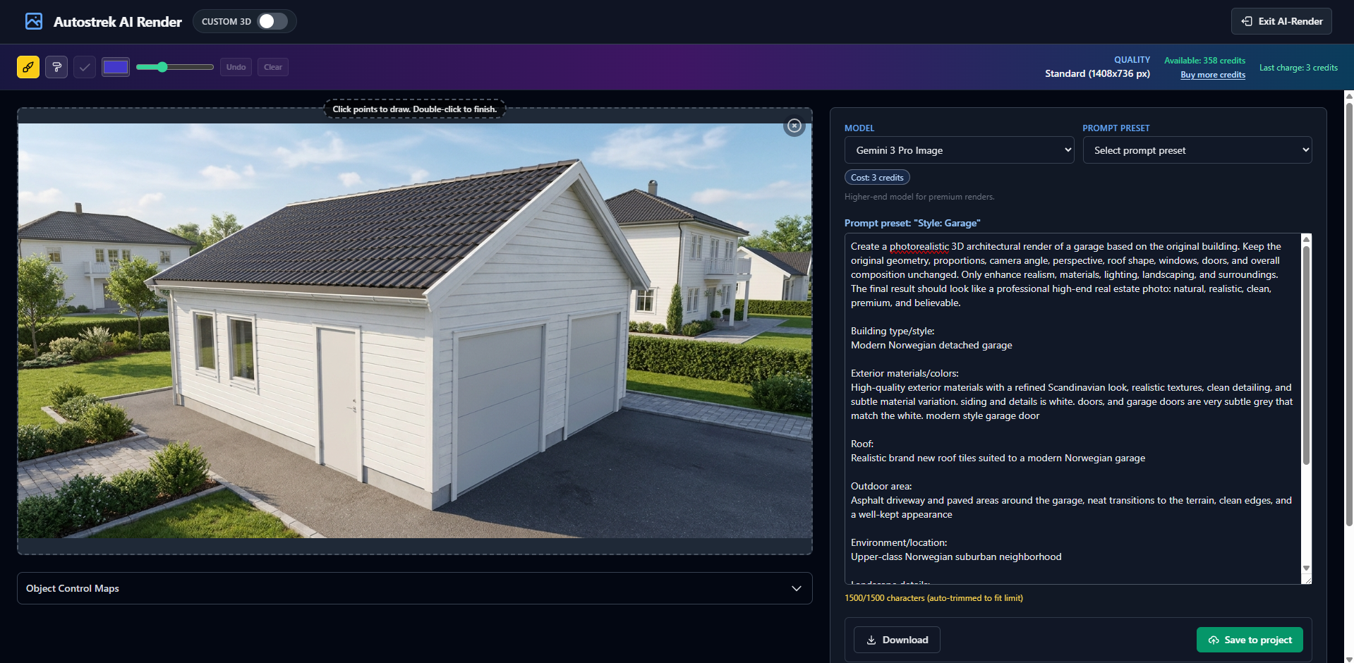 AI visualization of the garage with white cladding, tiled roofing, a driveway and surrounding gardens.