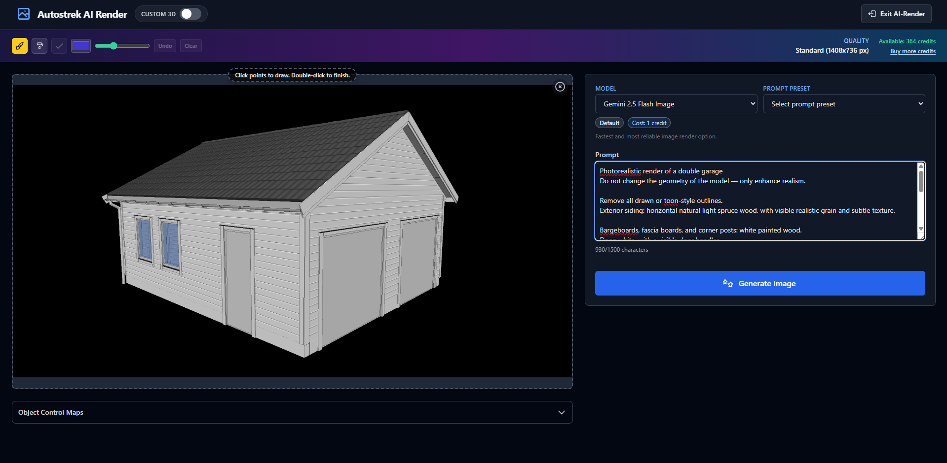 The double garage model before AI rendering.