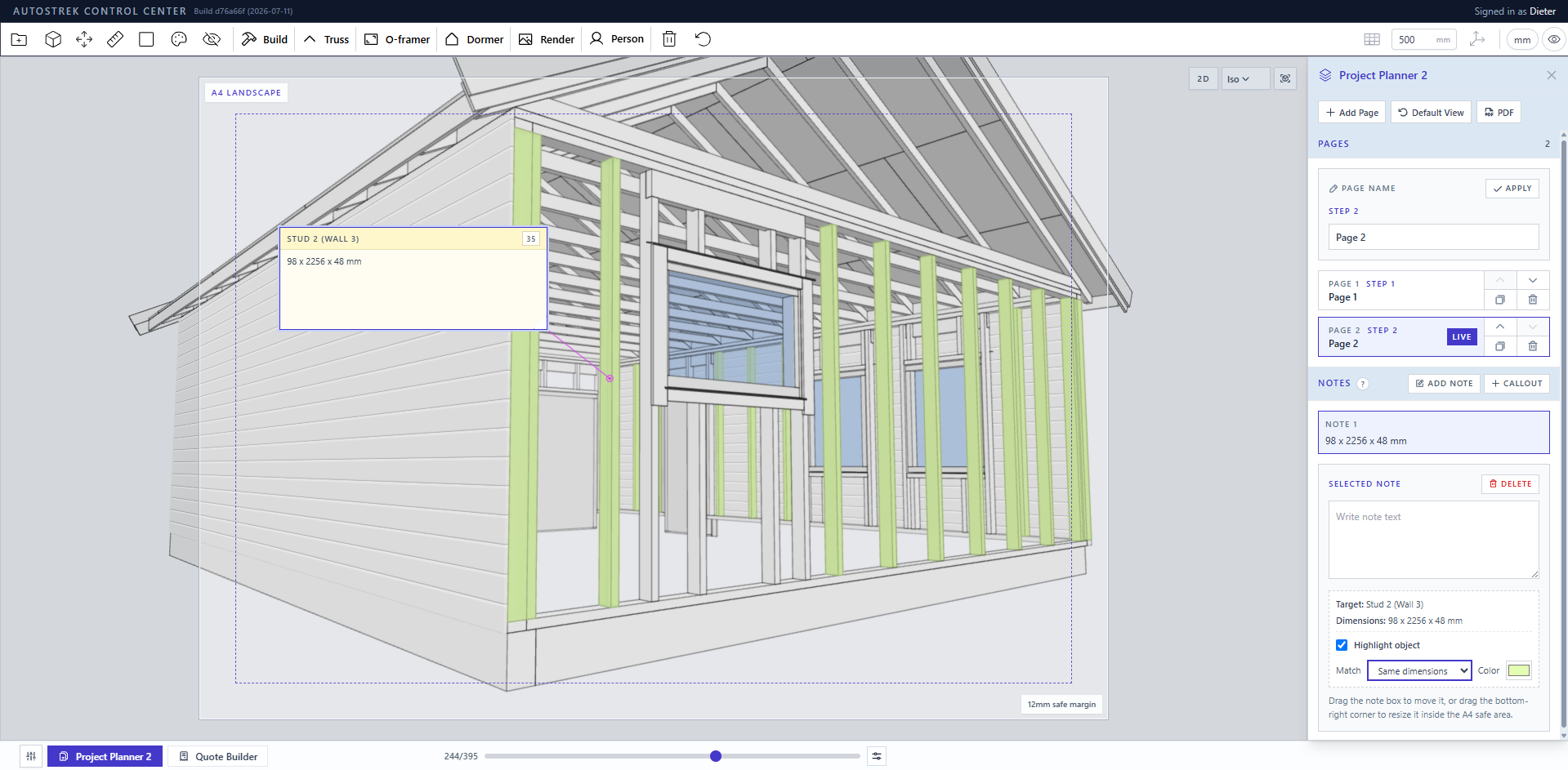 Autostrek Project Planner showing an A4 landscape garage framing page with highlighted wall studs, a dimension callout, page controls and PDF export.