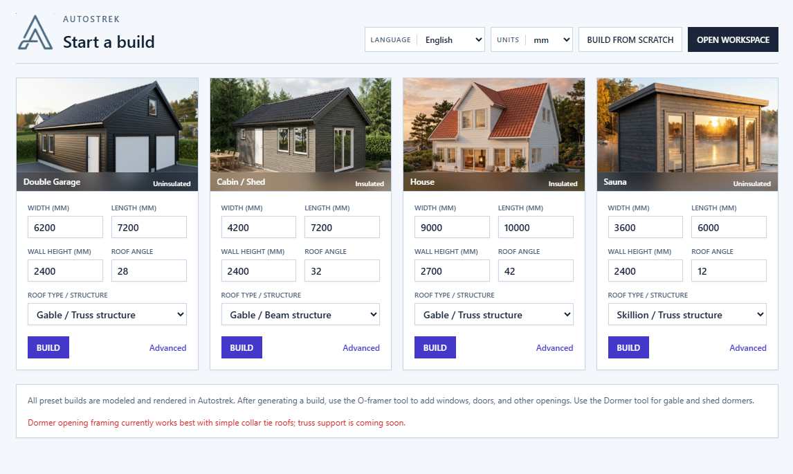 Autostrek Start a build screen with Double Garage, Cabin / Shed, House and Sauna starters. The garage is 6200 by 7200 mm, with 2400 mm walls and a 28-degree gable roof.
