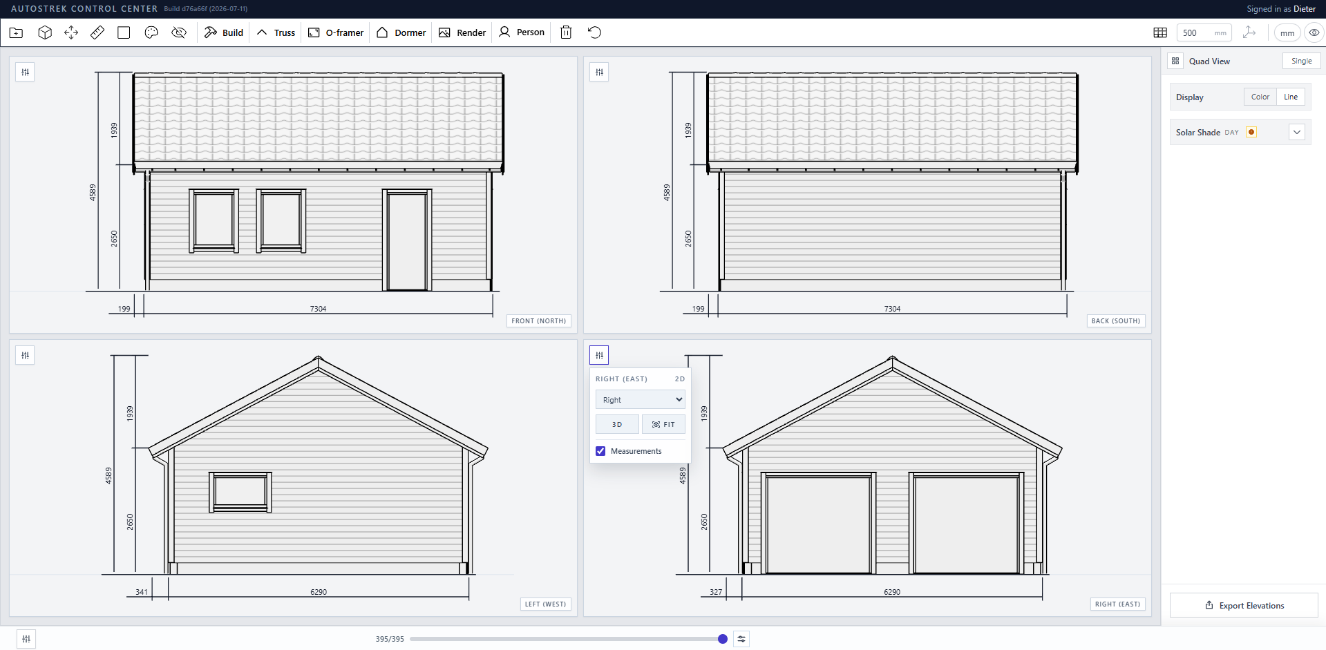 Autostrek Quad View showing the front, back, left and right garage elevations with dimensions, measurement controls and the Export Elevations button.