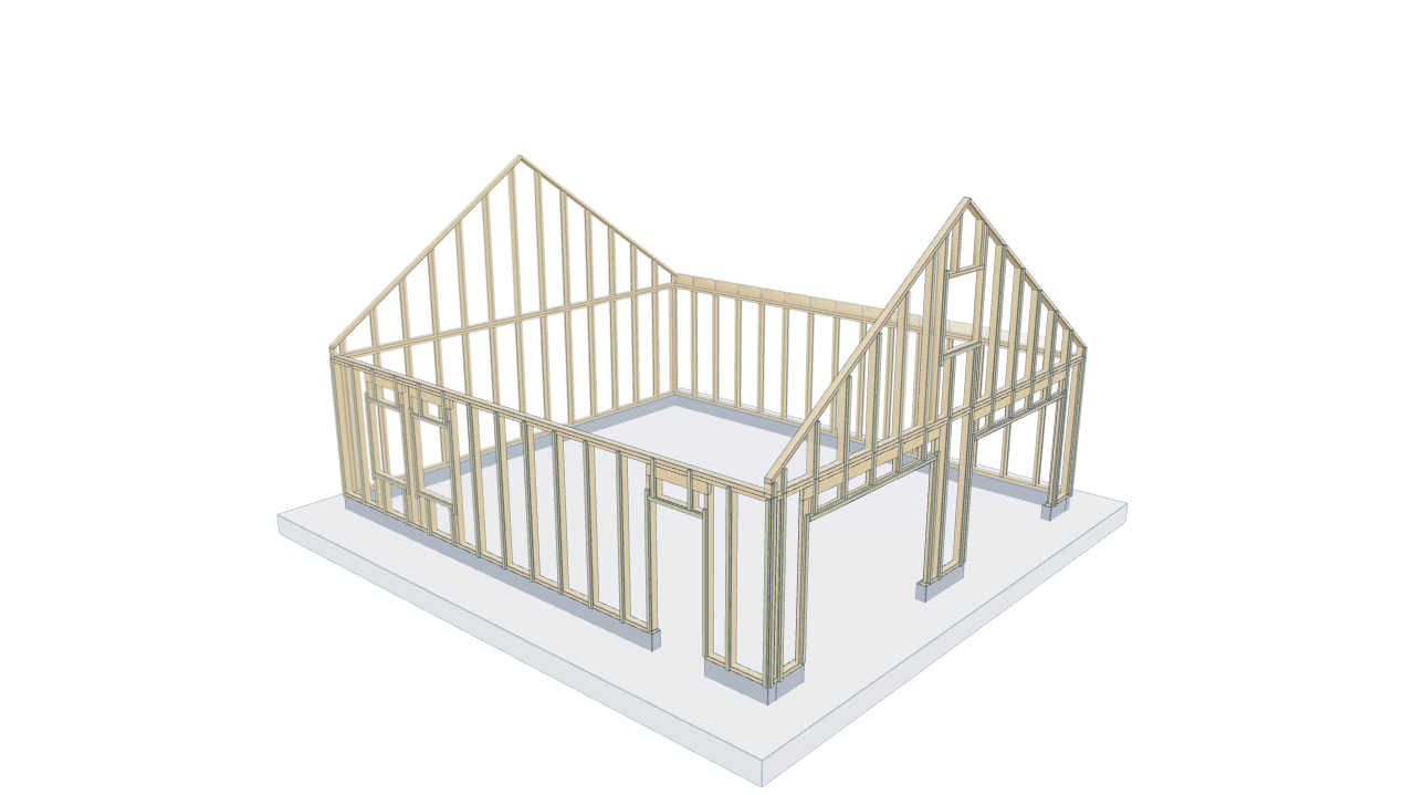 Framing view of the same double garage shown in the homepage 3D preview