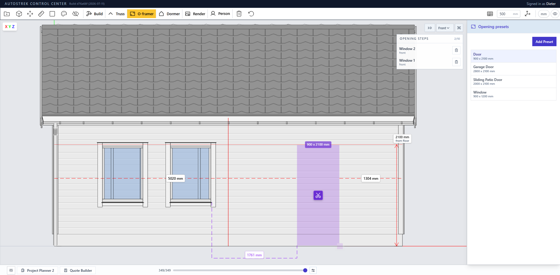 Autostrek Opening Framer showing two windows and a 900 by 2100 mm door preview on a garage wall, with positioning dimensions and opening presets.