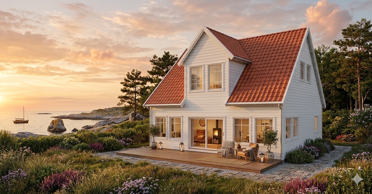 White coastal house rendered at sunset