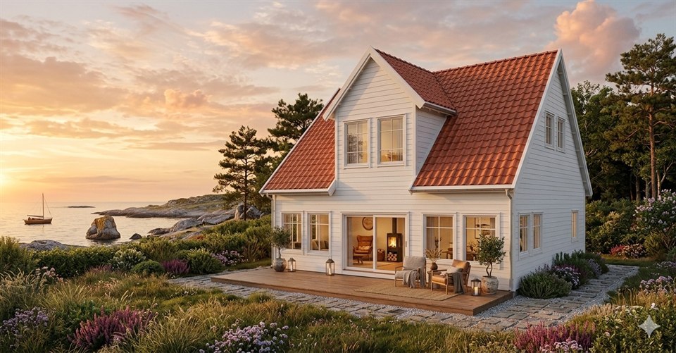 Rendered white house by the coast at sunset