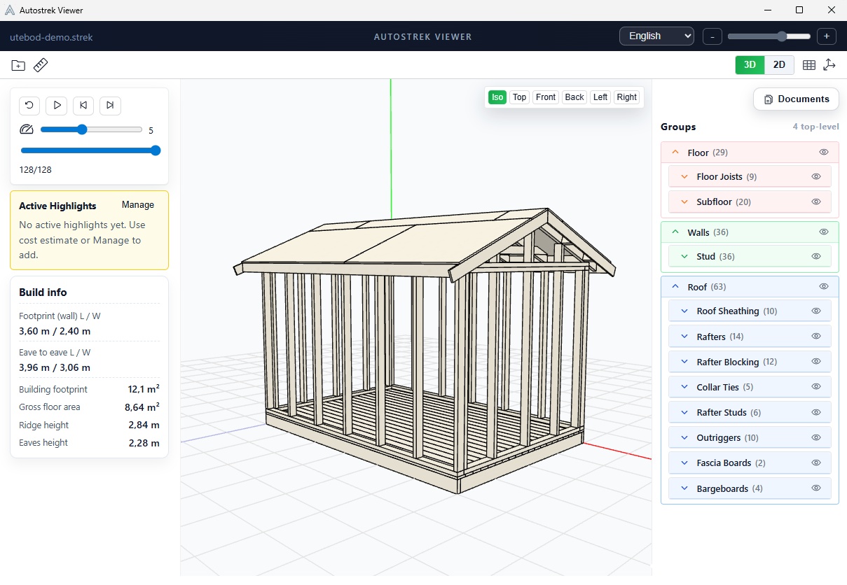 Autostrek Viewer desktop app displaying a building model