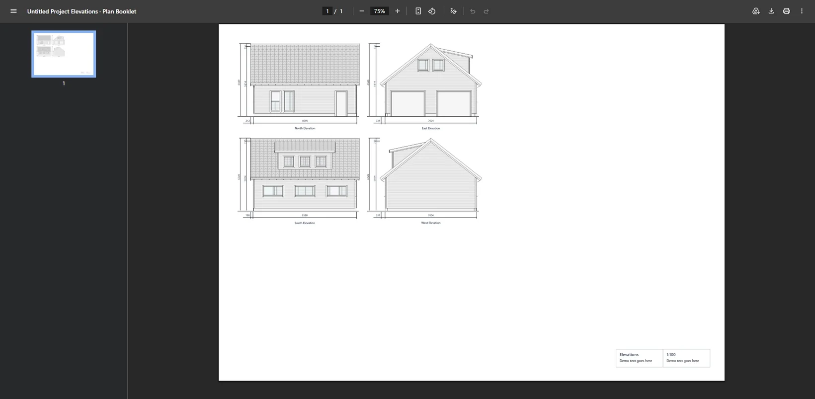 An actual Autostrek PDF export with four dimensioned building elevations and a project information block