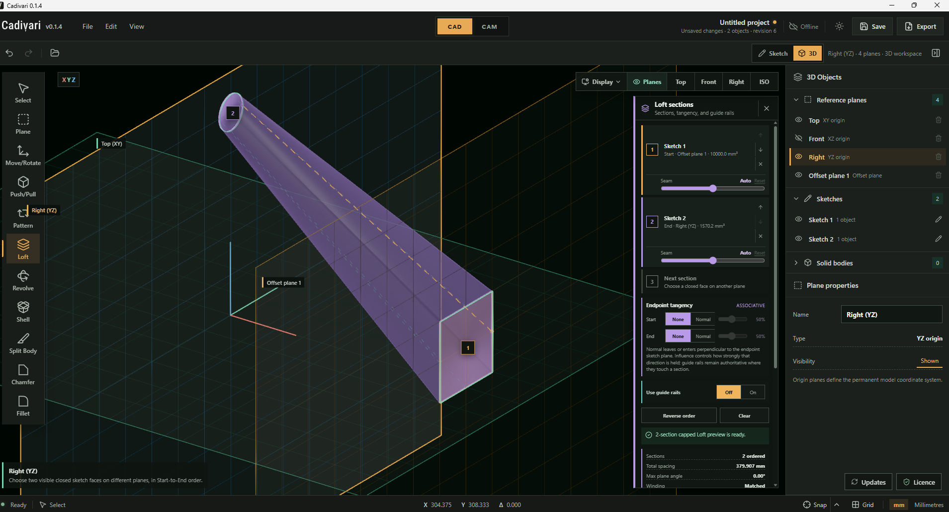 Cadivari Loft tool showing a 3D model and editable feature controls