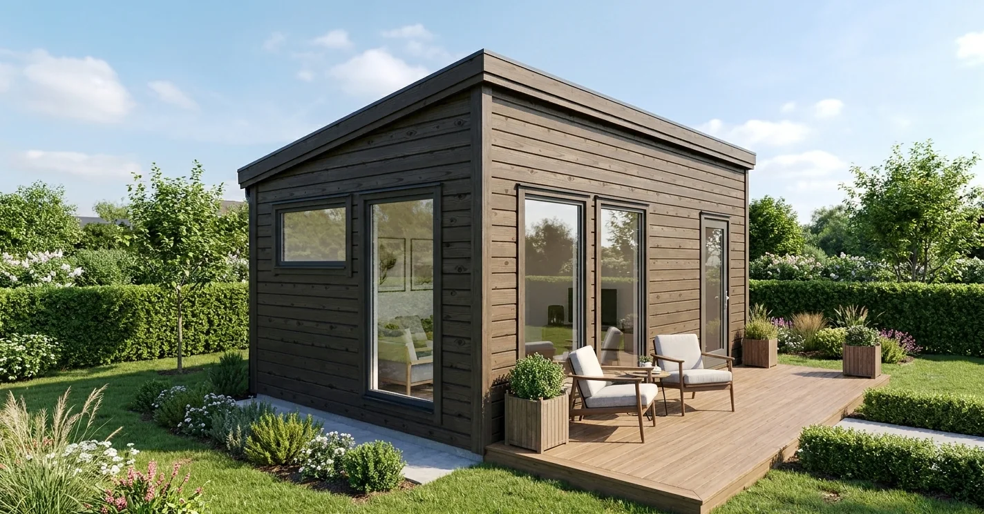 Timber garden office with large windows and a deck