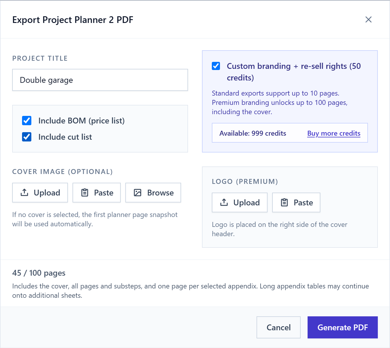 Premium PDF export with BOM and cut list selected, logo controls enabled and 45 counted pages within the 100-page allowance.