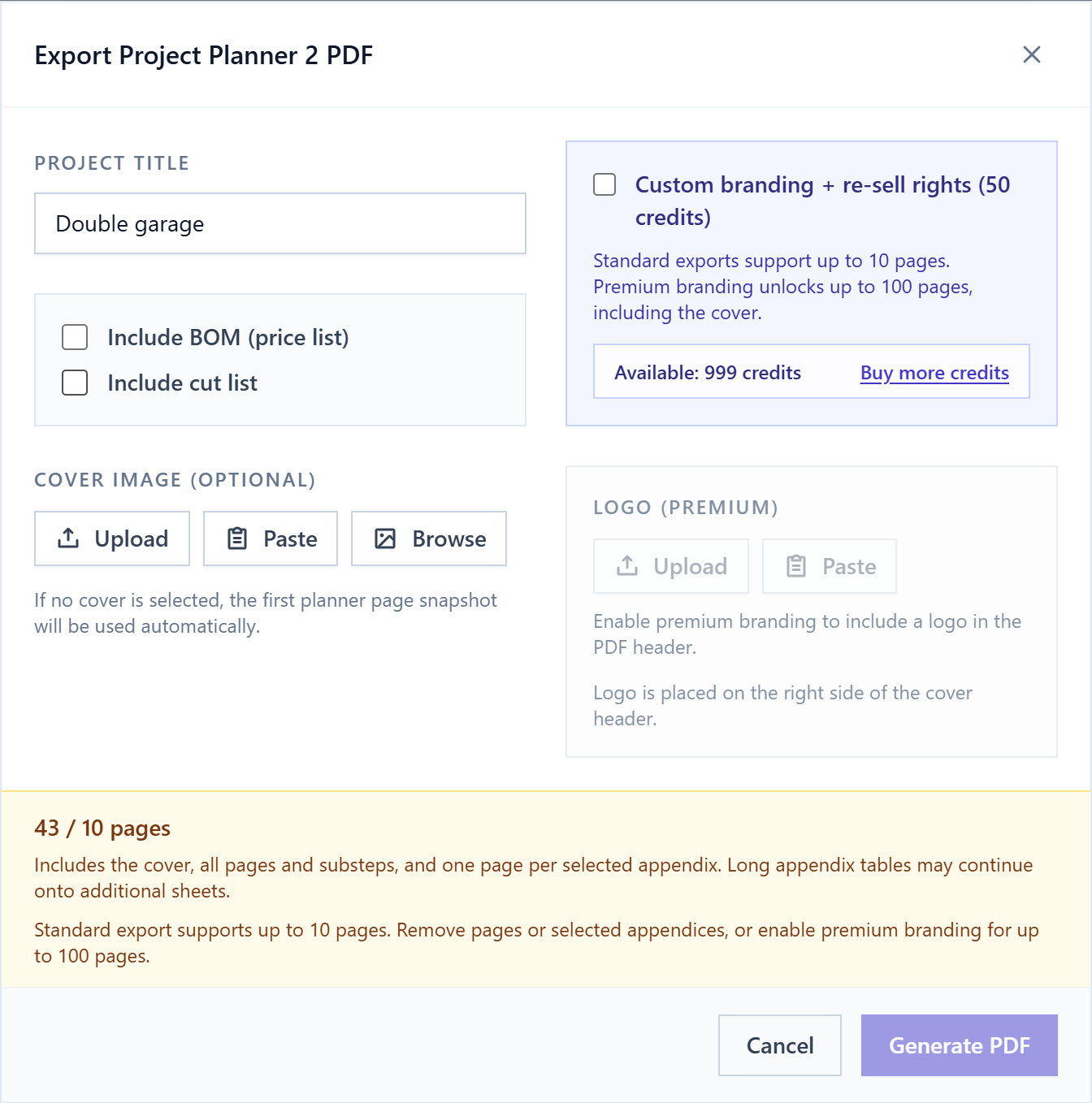 Standard PDF export with 43 counted pages against the 10-page allowance and Generate PDF disabled.