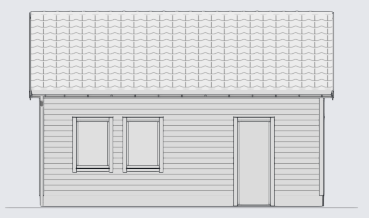 The same garage wall in its completed elevation, with cladding, windows, door, roof and the ground line retained.