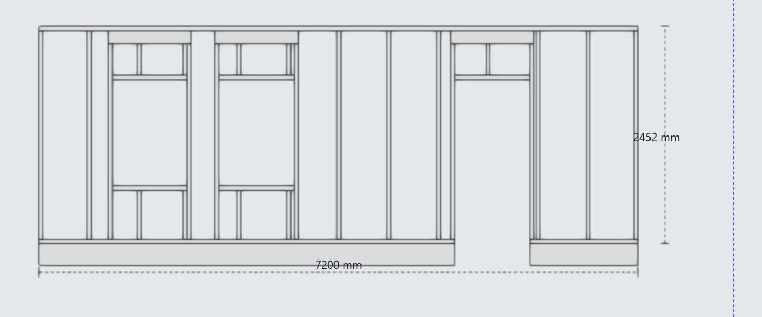 Measured wall-framing illustration with window and door openings and no extra ground line.