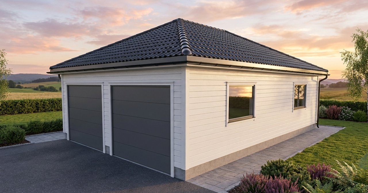 Visualization of a white double garage with a dark tiled hip roof, gutters and two side windows at sunset.