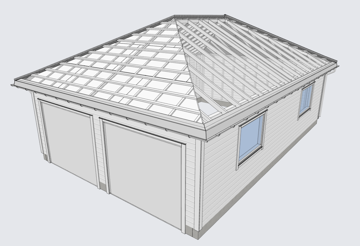 Autostrek model of a double garage with the hip roof covering hidden, showing battens on one slope and rafters exposed on the adjoining slope.