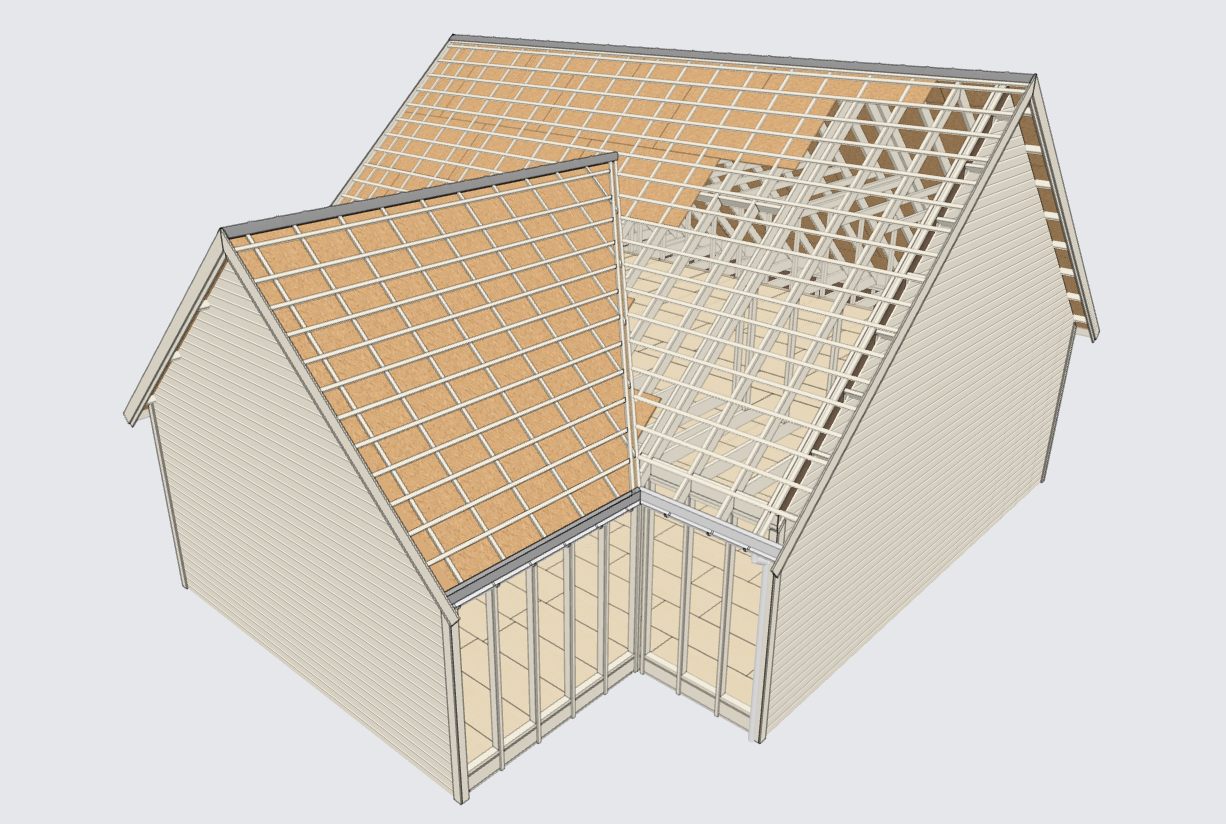 Gable building extension joining the main roof, with selected roof layers hidden to show framing, OSB sheathing, counter battens and tile battens.