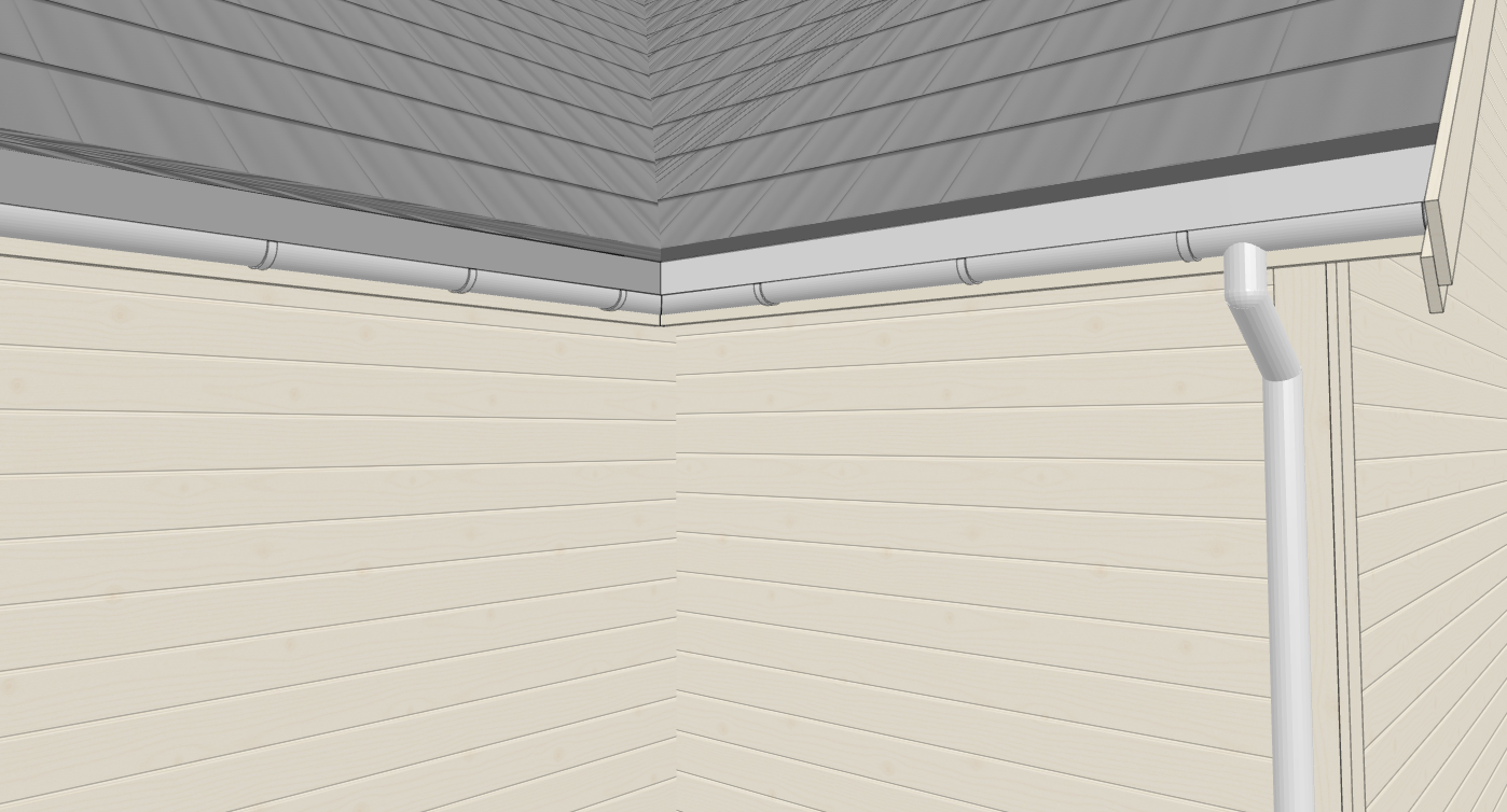 Close exterior view of the extension roof junction, showing aligned fascia, gutters meeting at the corner and a downpipe.