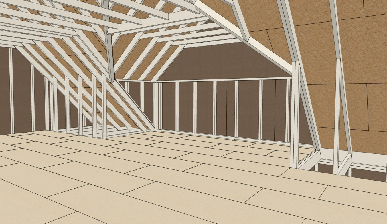 Interior of an A-frame Flush Wall gable dormer, with staggered loft floor sheets extending to the front wall, retained side framing and collar ties above.