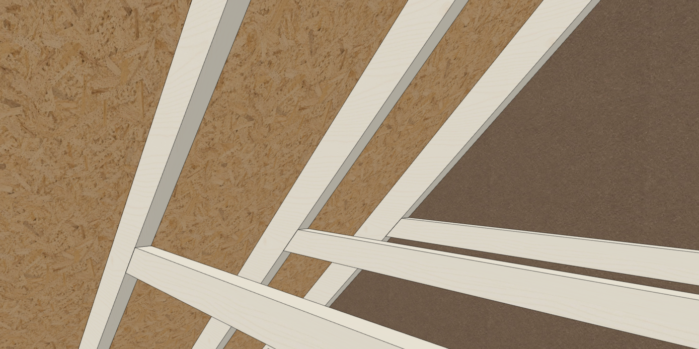 Interior close-up of OSB roof sheathing beside dark asfaltplate wall sheathing, with light timber rafters and collar ties.