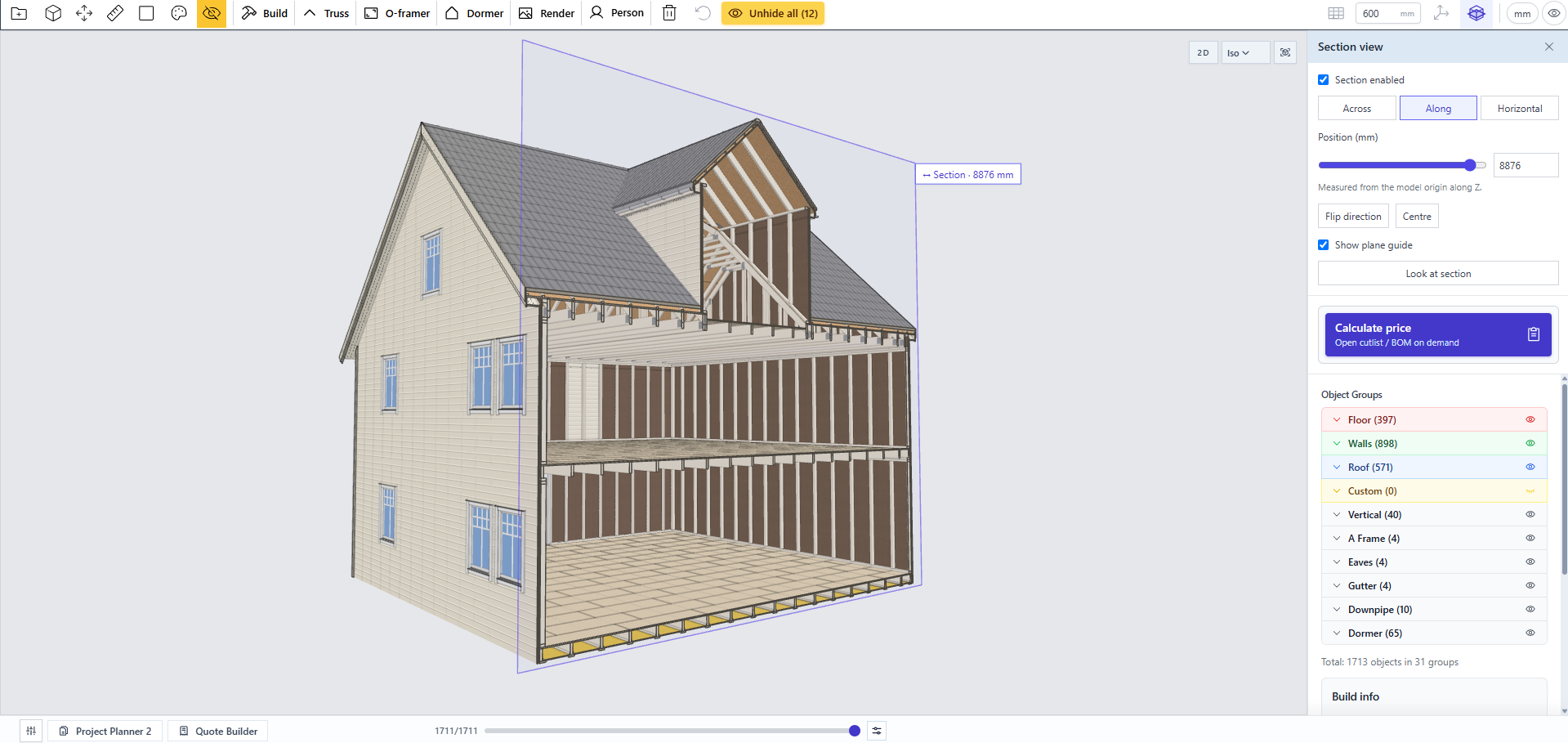Generated two-storey house in Section view, revealing the ground floor, upper floor and A-frame loft, with joists, wall framing and the dormer.