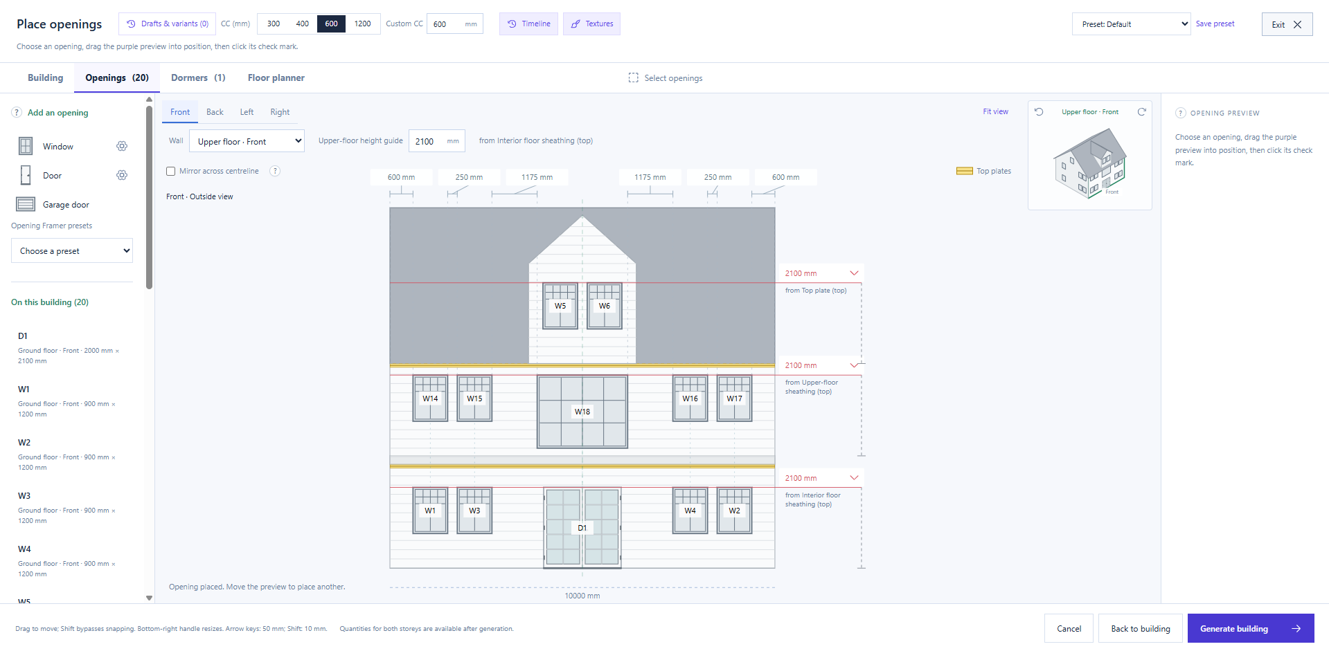 Building elevation in the Openings workspace, showing windows and doors across two storeys and an A-frame loft with a dormer.