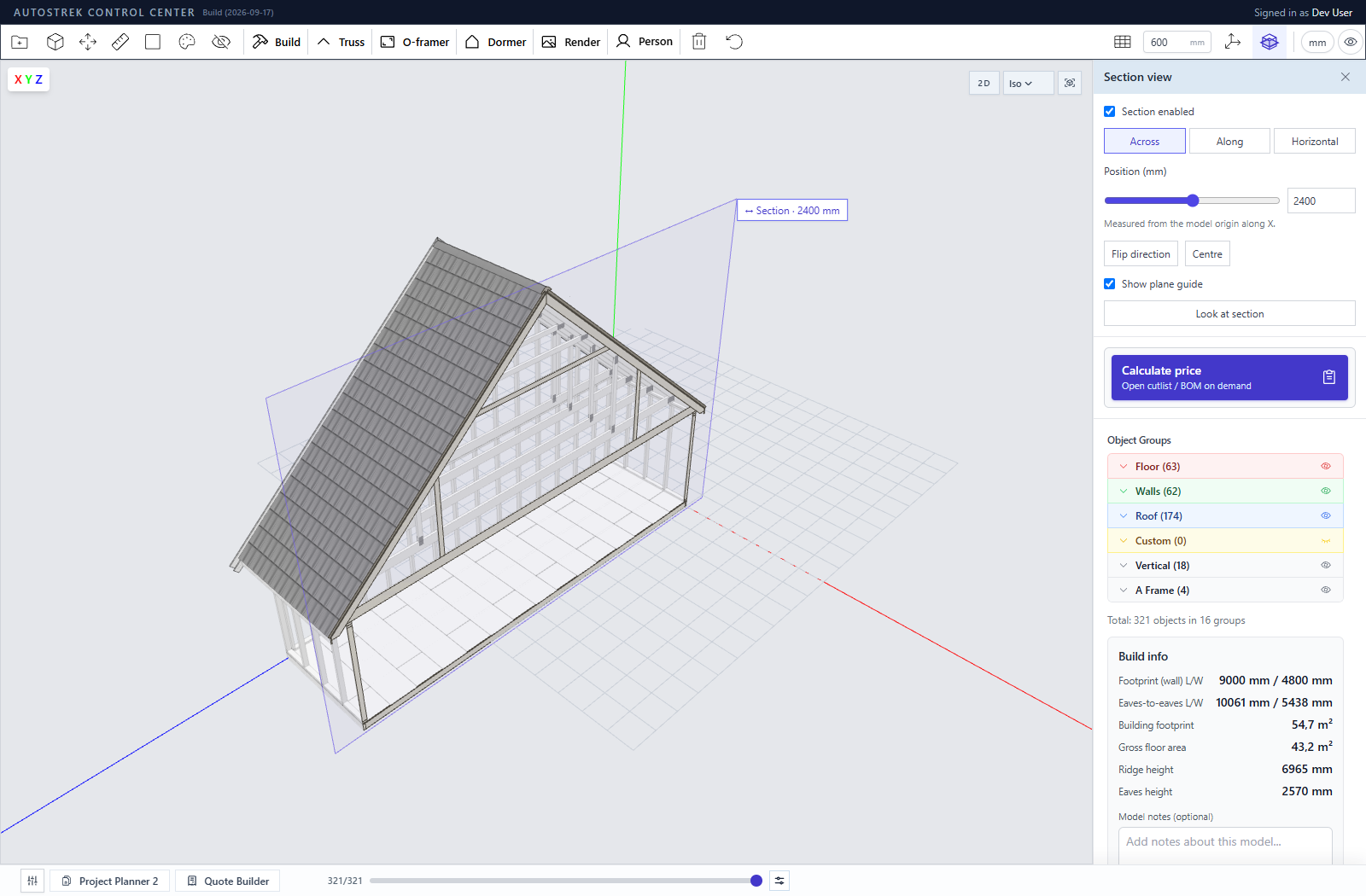 A building cut open in Section view, with the plane guide and positioning controls visible
