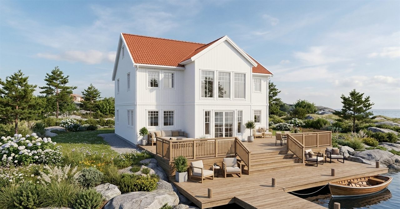 Exterior render of a white two-storey coastal house with a projecting gable extension and a separator board between the floors.