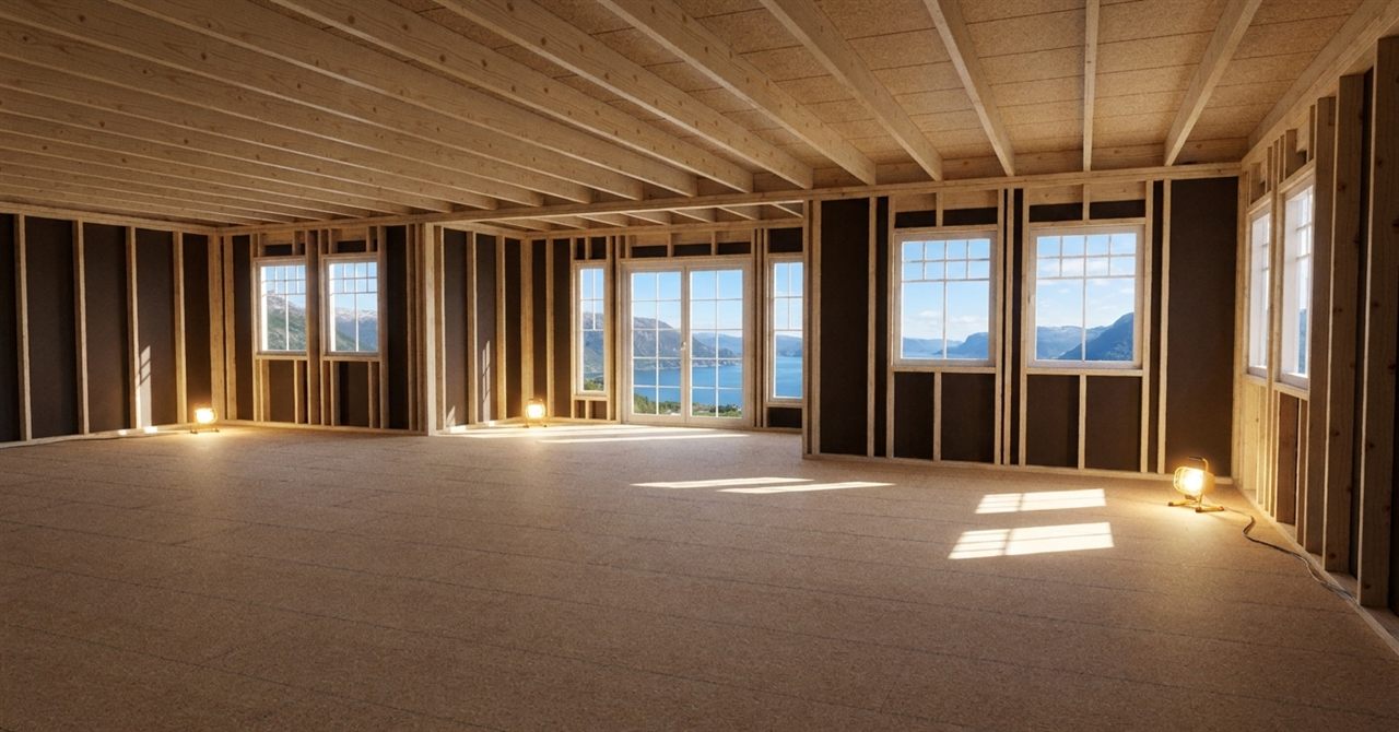 Interior render showing exposed wall studs, window and door framing, and the floor joists overhead.