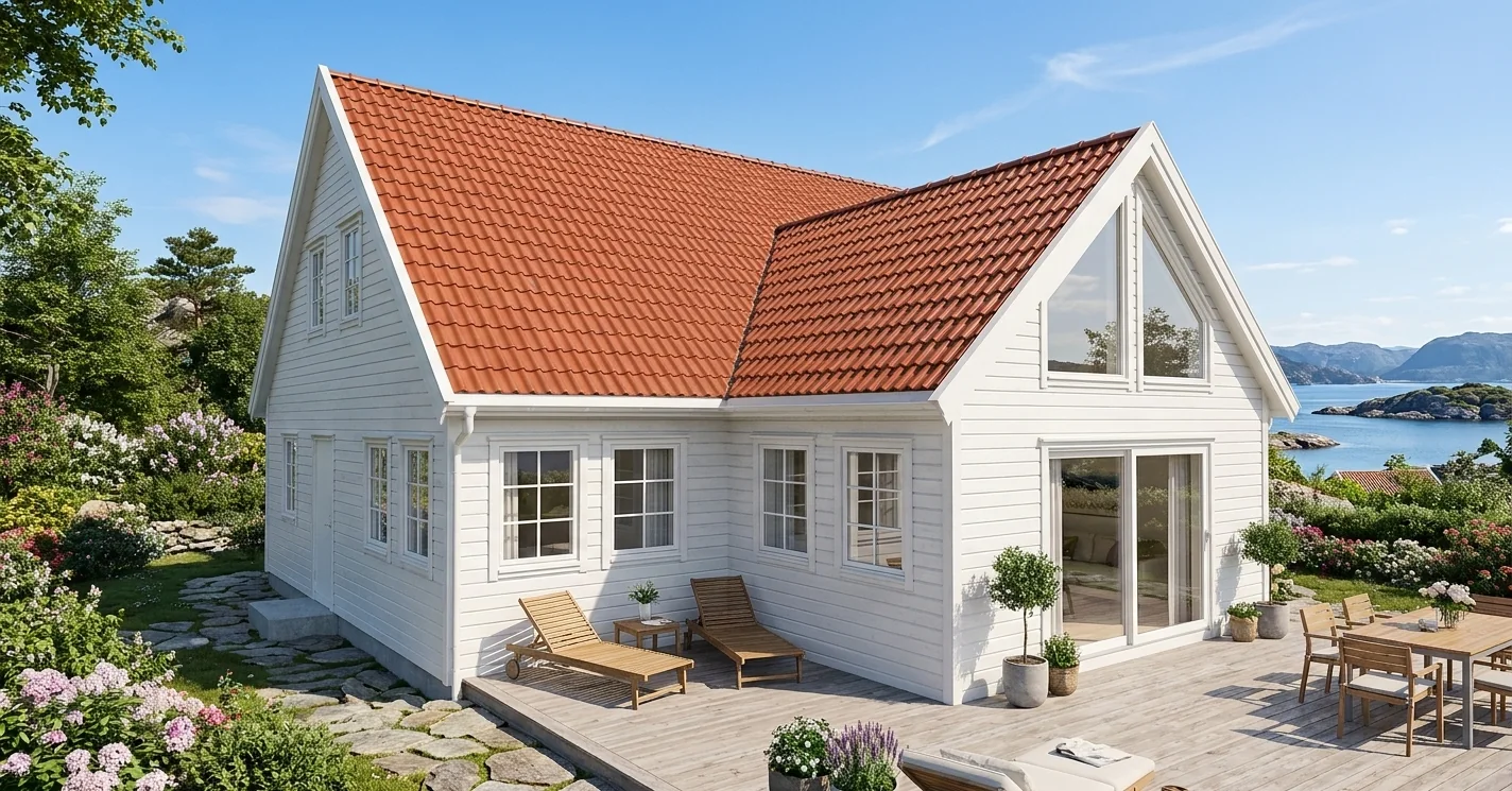 White timber house with a red tiled roof overlooking a Norwegian fjord, an Autostrek exterior visualization