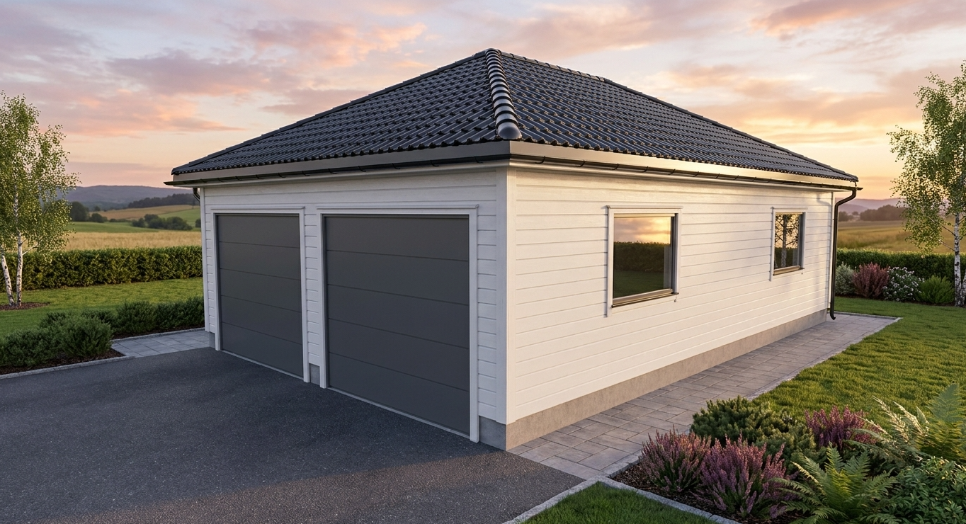 White double garage with a dark tiled hip roof and grey doors, visualized at sunset in a landscaped garden.