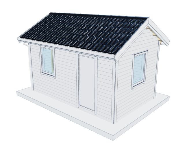 White timber building with a dark tiled gable roof, a front door and windows, modelled in Autostrek.