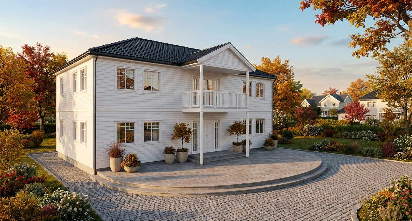White two-storey villa with a tiled hip roof, covered balcony and curved stone terrace surrounded by a garden with autumn foliage.