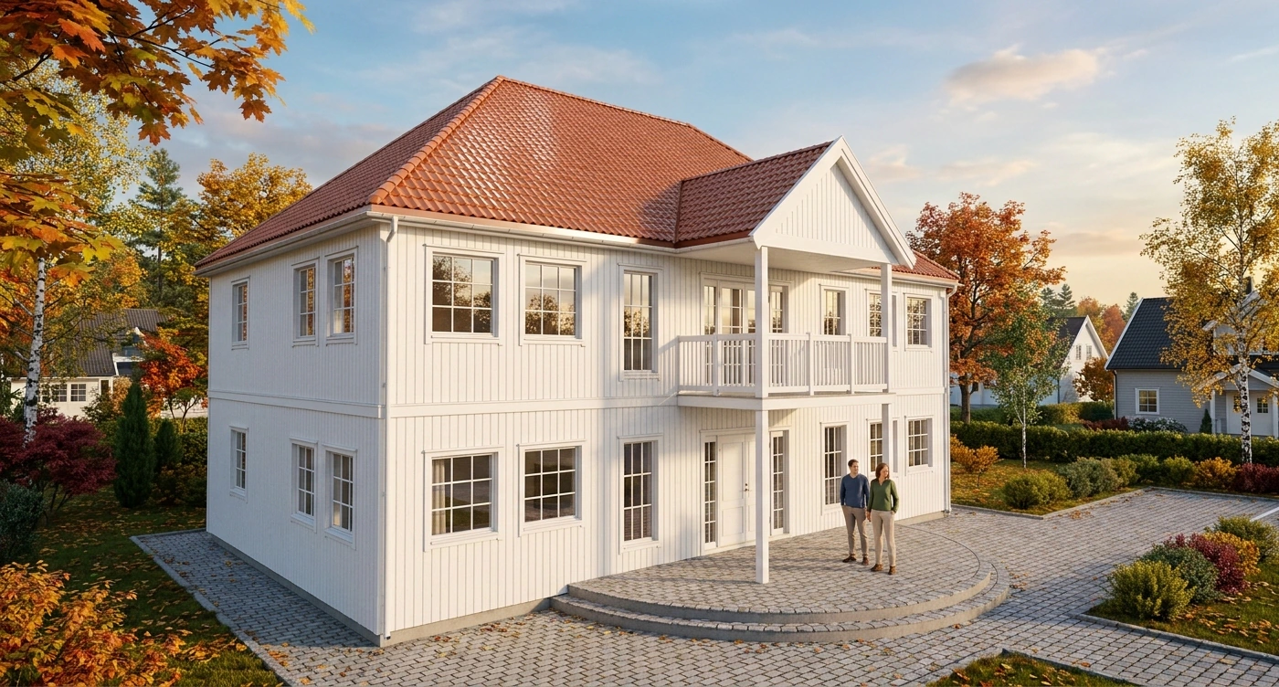 White two-storey villa with a red tiled hip roof, covered balcony and semicircular stone entrance terrace in an autumn garden.