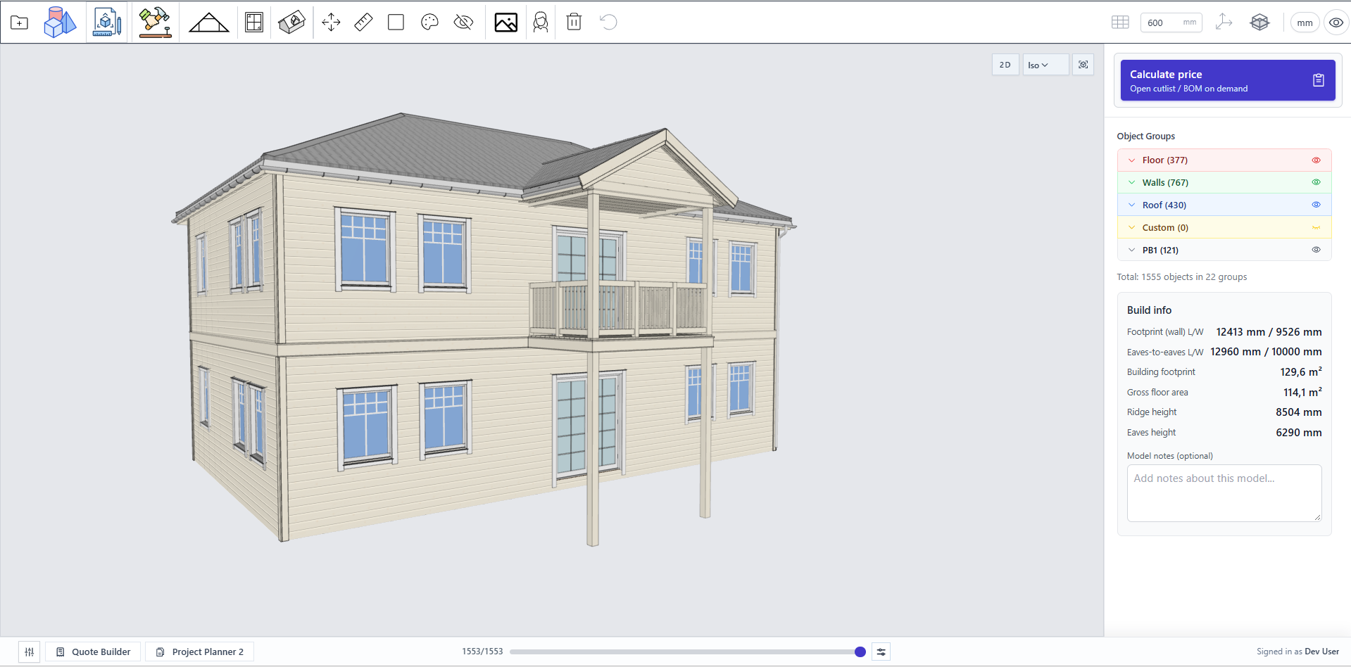 Autostrek workspace showing a two-storey villa model with a hip roof, covered balcony, support posts and wraparound separator board.